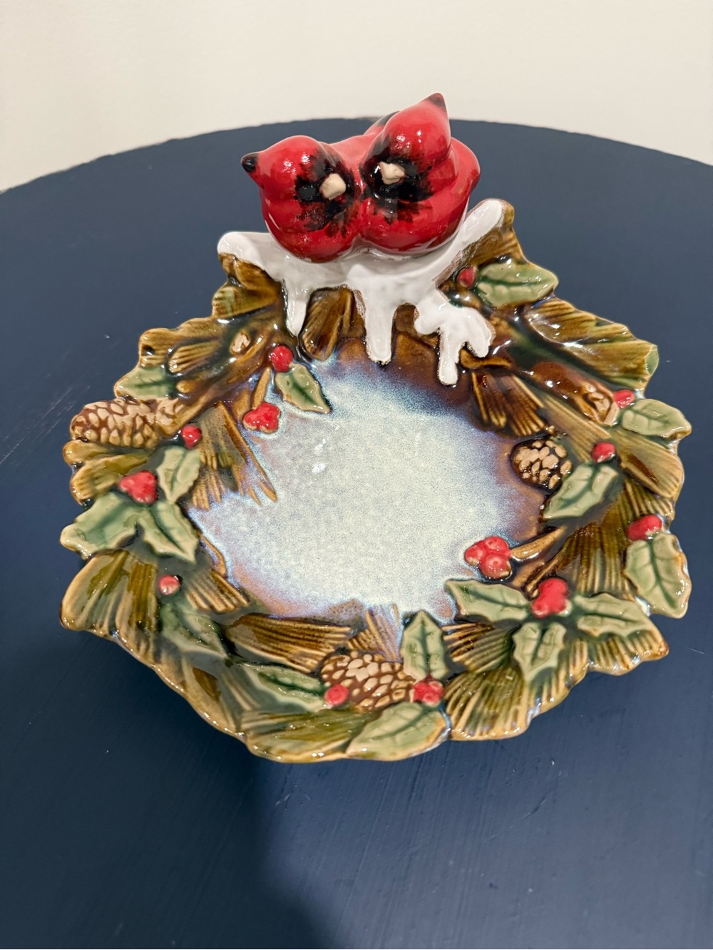 Cardinal Couple Ceramic Christmas Dish Holly Pinecone Winter Decor